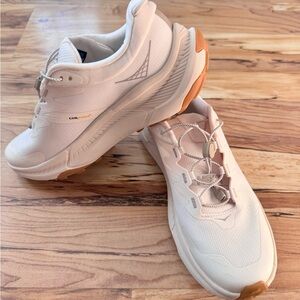 Hoka Soft White and Tan Transport Sneakers